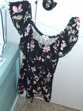 Floral Off-Shoulder Ruffle Women’s Romper - Black with Pink Flowers